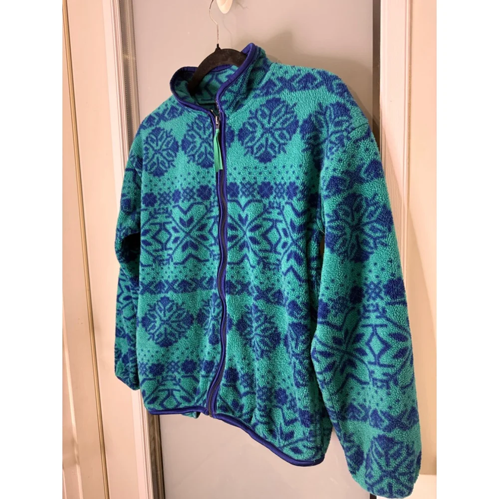 Lands' End Teal Blue Snowflake Fleece Jacket L